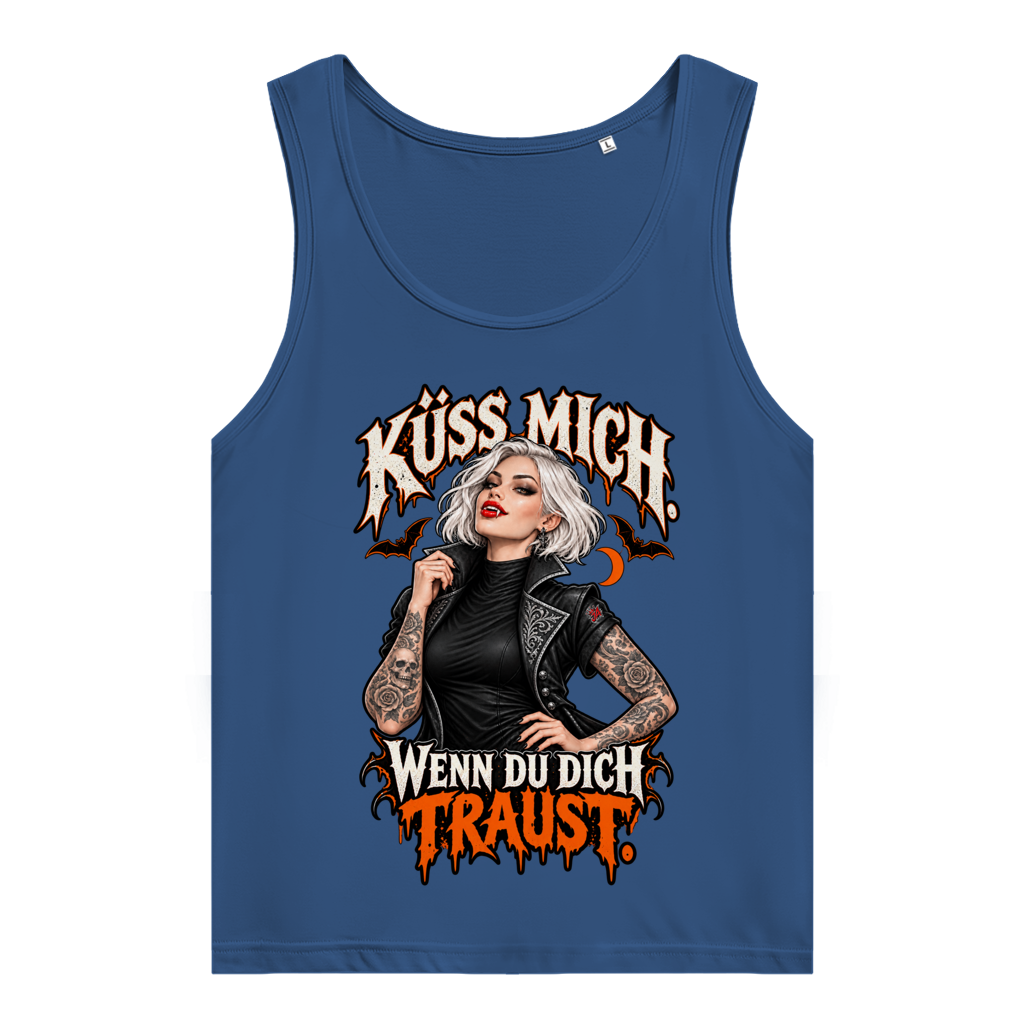 JA Kussbiss – Damen-Bio-Tanktop in Kobaltblau, Vorderansicht, Frontdruck: Vampirin mit Tattoos und Spruch „Küss mich. Wenn du dich traust.“