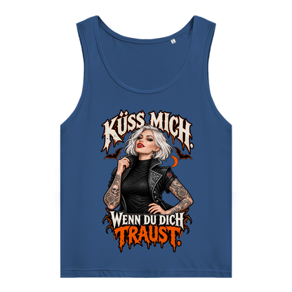 JA Kussbiss – Damen-Bio-Tanktop in Kobaltblau, Vorderansicht, Frontdruck: Vampirin mit Tattoos und Spruch „Küss mich. Wenn du dich traust.“