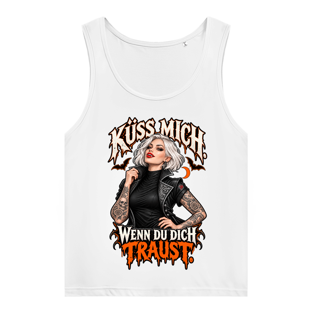 JA Kussbiss – Damen-Bio-Tanktop in Weiß, Vorderansicht, Frontdruck: Vampirin mit Tattoos und Spruch „Küss mich. Wenn du dich traust.“