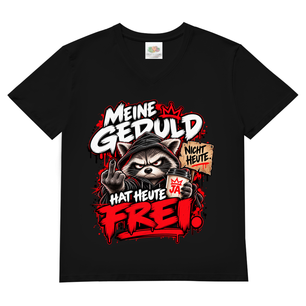JA Meine Geduld hat heute frei – Herren-V-Neck-Shirt in Schwarz, Vorderansicht, Frontdruck: Waschbär mit Kaffee und Mittelfinger: „Meine Geduld hat heute frei!“