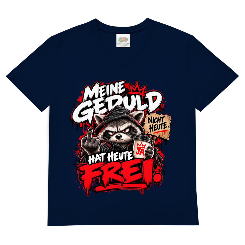 JA Meine Geduld hat heute frei – Herren-V-Neck-Shirt in Marineblau, Vorderansicht, Frontdruck: Waschbär mit Kaffee und Mittelfinger: „Meine Geduld hat heute frei!“
