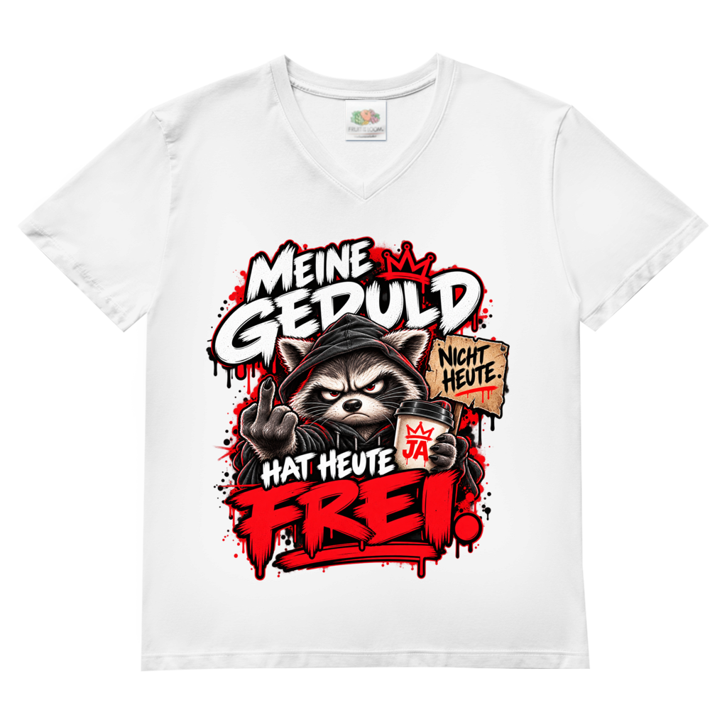 JA Meine Geduld hat heute frei – Herren-V-Neck-Shirt in Weiß, Vorderansicht, Frontdruck: Waschbär mit Kaffee und Mittelfinger: „Meine Geduld hat heute frei!“