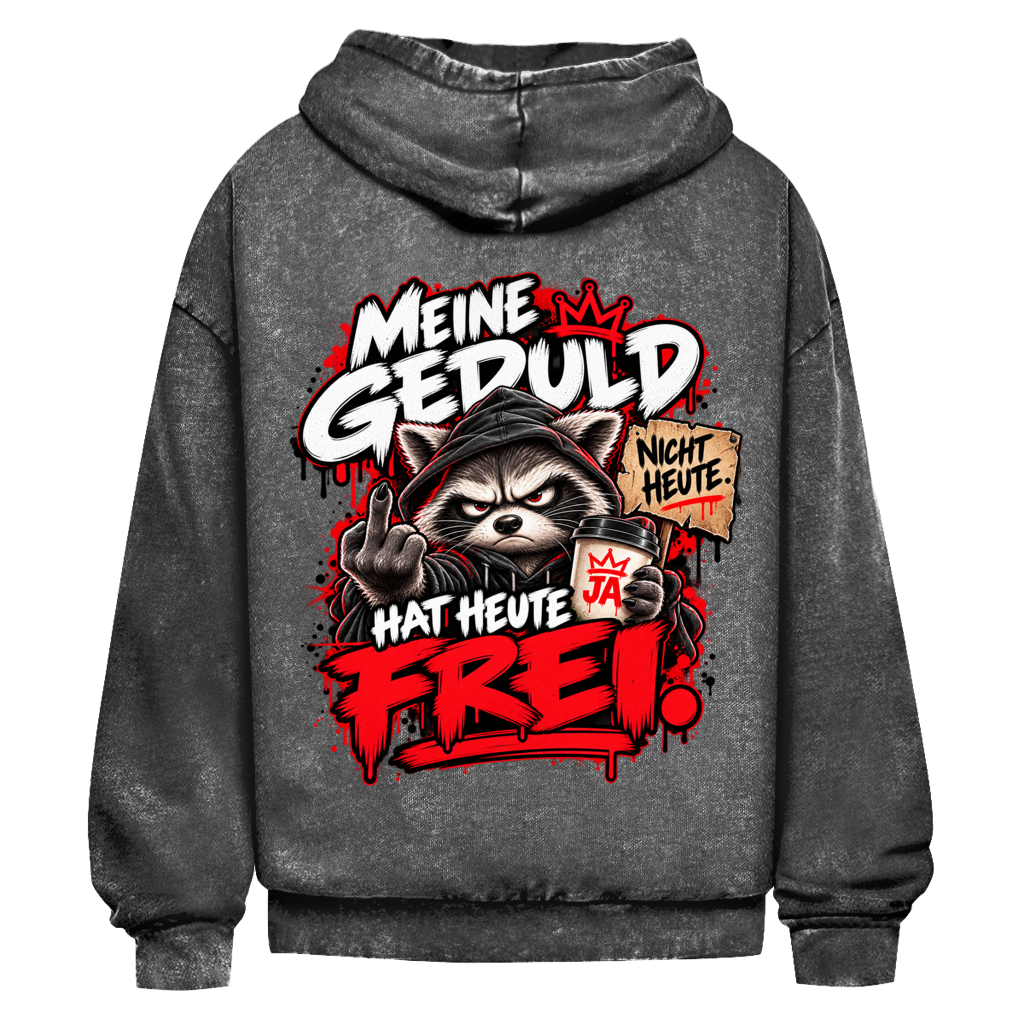 JA Meine Geduld hat heute frei – Oversize-Washed-Hoodie in Schwarz, Rückansicht, Rückendruck: Waschbär mit Kaffee und Mittelfinger: „Meine Geduld hat heute frei!“