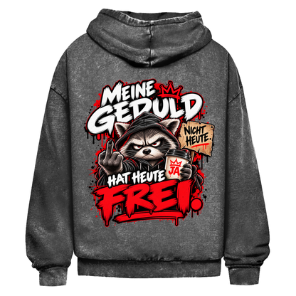 JA Meine Geduld hat heute frei – Oversize-Washed-Hoodie in Schwarz, Rückansicht, Rückendruck: Waschbär mit Kaffee und Mittelfinger: „Meine Geduld hat heute frei!“