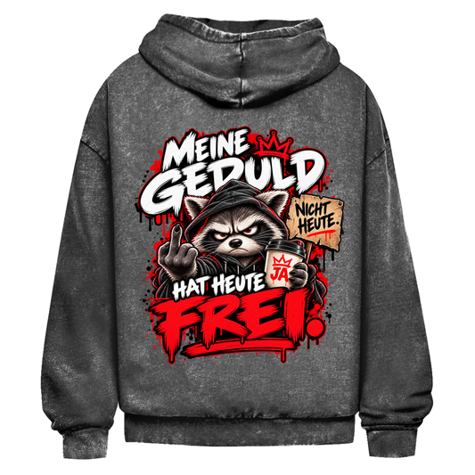 JA Meine Geduld hat heute frei – Oversize-Washed-Hoodie in Schwarz, Rückansicht, Rückendruck: Waschbär mit Kaffee und Mittelfinger: „Meine Geduld hat heute frei!“