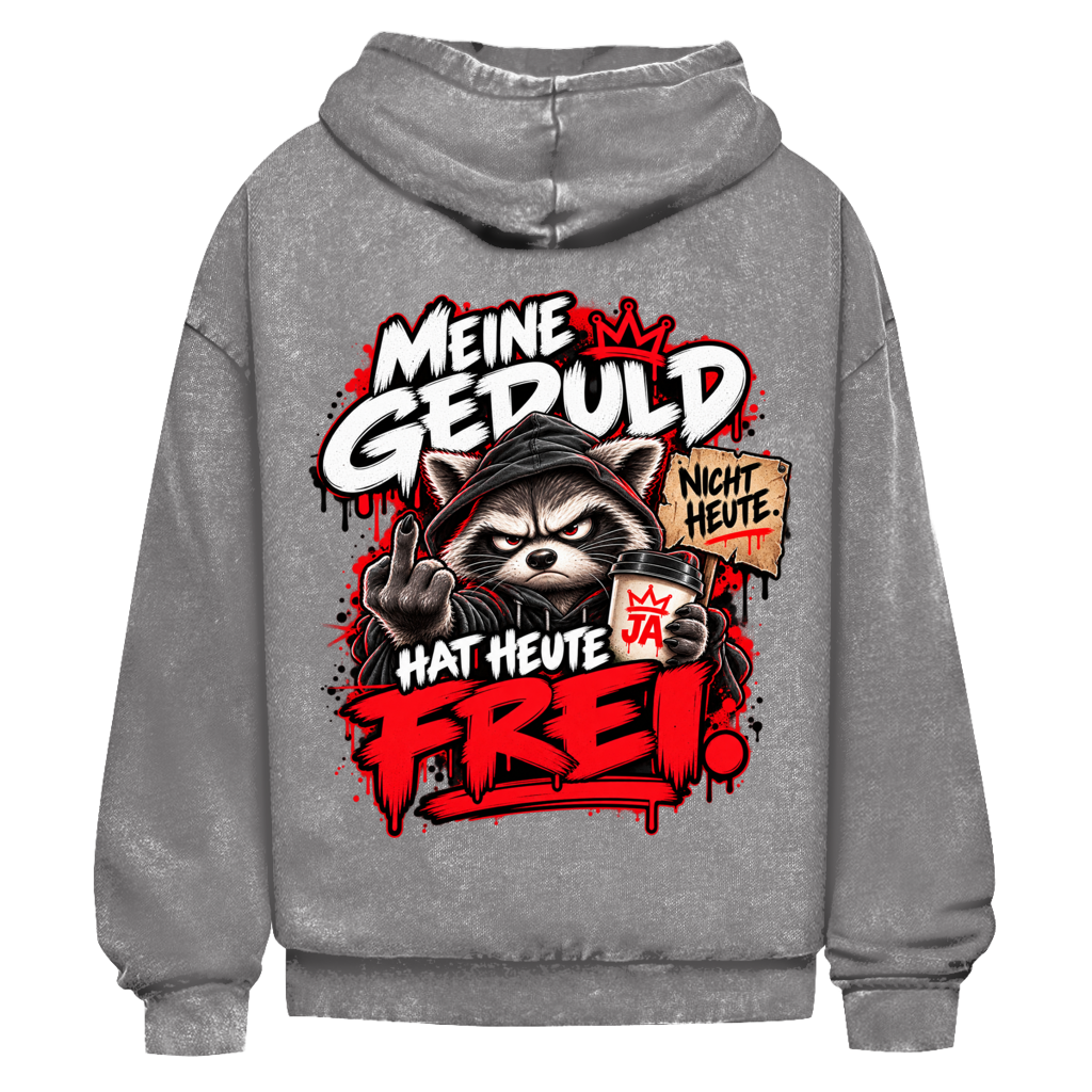 JA Meine Geduld hat heute frei – Oversize-Washed-Hoodie in Asphaltgrau, Rückansicht, Rückendruck: Waschbär mit Kaffee und Mittelfinger: „Meine Geduld hat heute frei!“