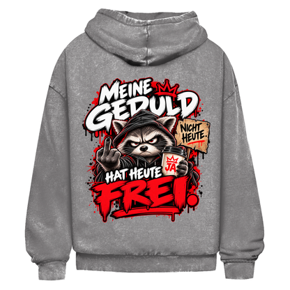 JA Meine Geduld hat heute frei – Oversize-Washed-Hoodie in Asphaltgrau, Rückansicht, Rückendruck: Waschbär mit Kaffee und Mittelfinger: „Meine Geduld hat heute frei!“