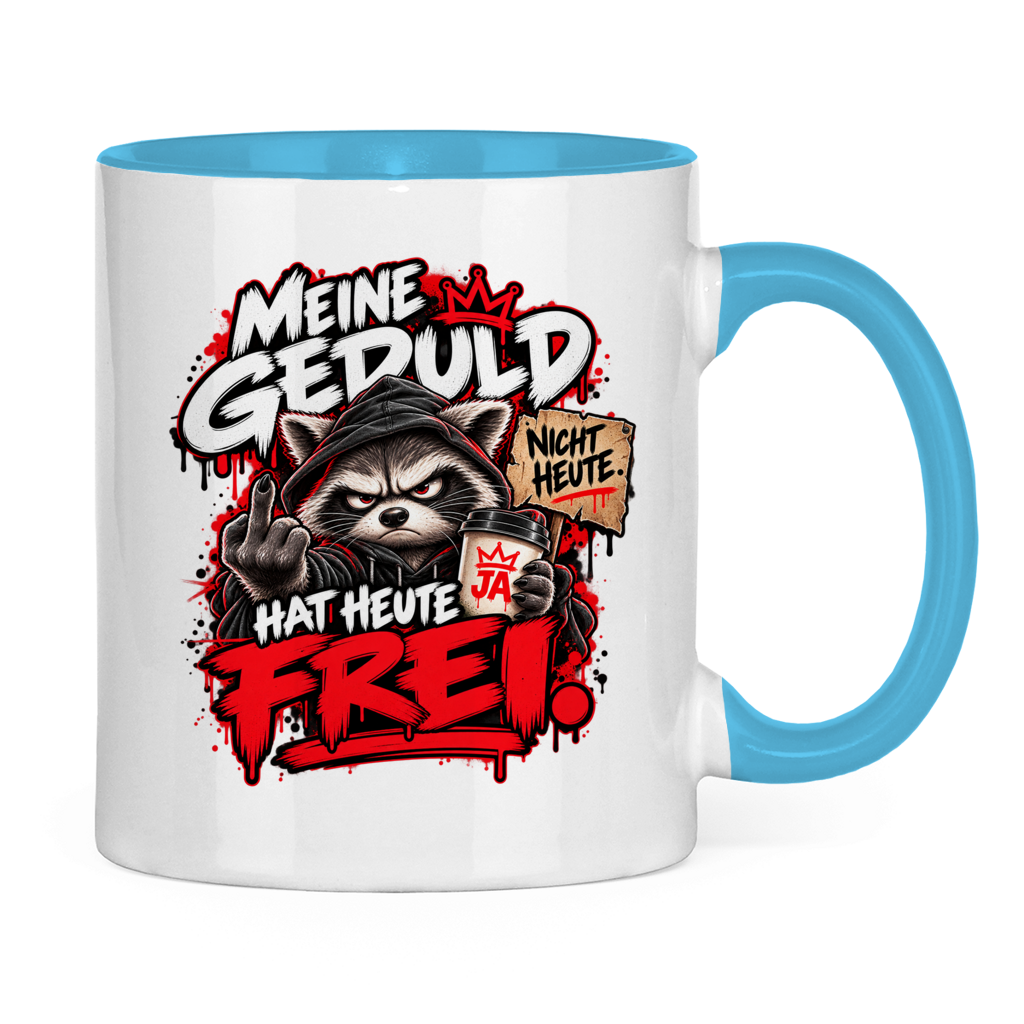 JA Meine Geduld hat heute frei – Tasse in Hellblau, Rückansicht, ebenfalls bedruckt