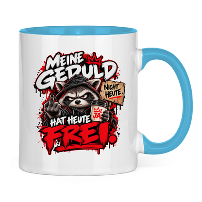 JA Meine Geduld hat heute frei – Tasse in Hellblau, Rückansicht, ebenfalls bedruckt