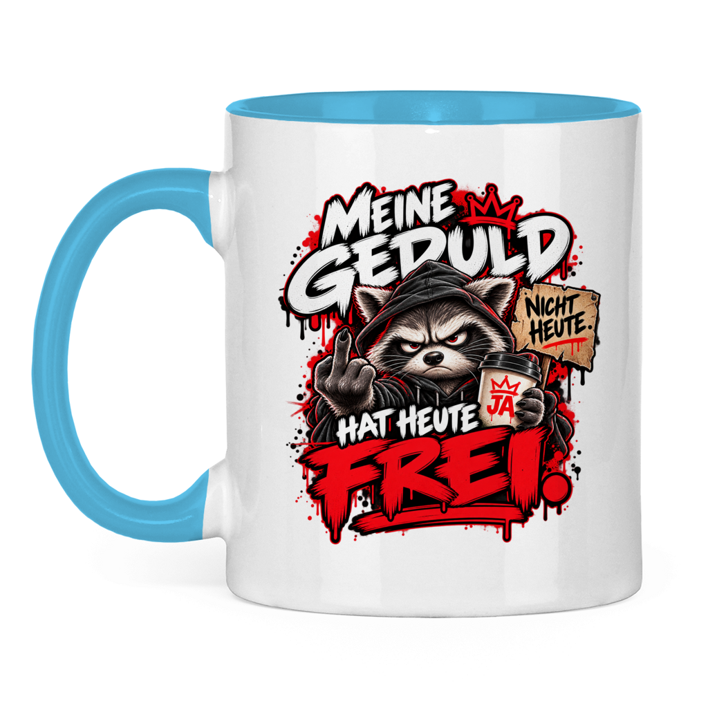JA Meine Geduld hat heute frei – Tasse in Hellblau, Vorderansicht, Aufdruck: Waschbär mit Kaffee und Mittelfinger: „Meine Geduld hat heute frei!“
