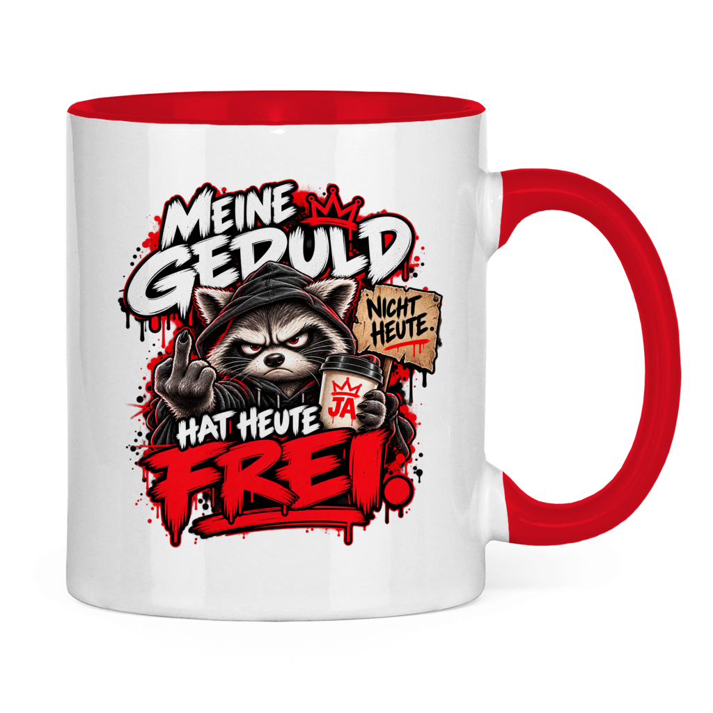 JA Meine Geduld hat heute frei – Tasse in Rot, Rückansicht, ebenfalls bedruckt