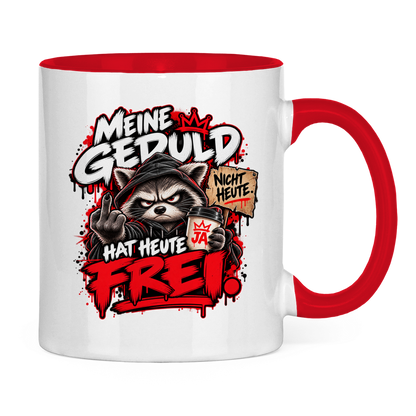 JA Meine Geduld hat heute frei – Tasse in Rot, Rückansicht, ebenfalls bedruckt