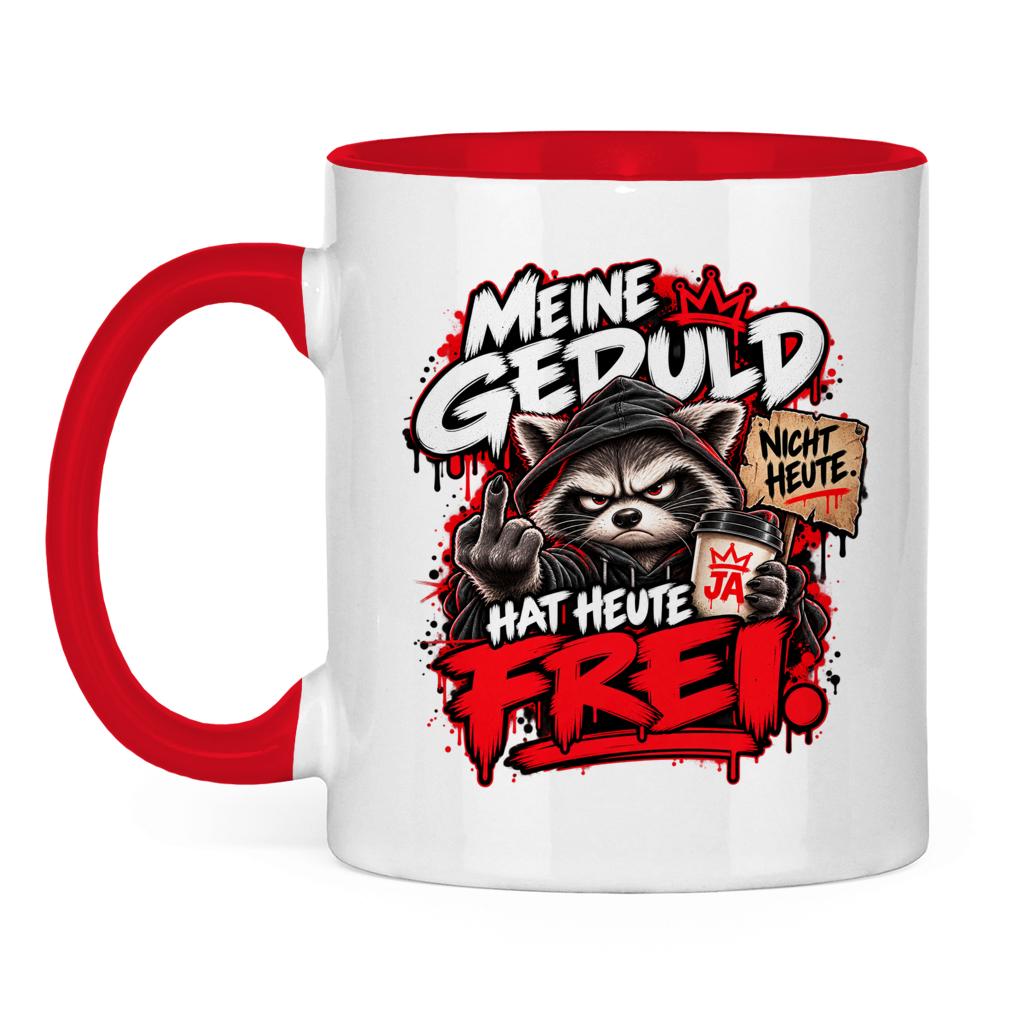 JA Meine Geduld hat heute frei – Tasse in Rot, Vorderansicht, Aufdruck: Waschbär mit Kaffee und Mittelfinger: „Meine Geduld hat heute frei!“