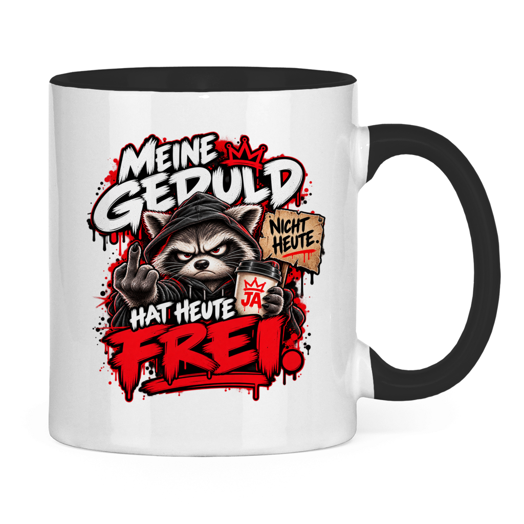 JA Meine Geduld hat heute frei – Tasse in Schwarz, Rückansicht, ebenfalls bedruckt