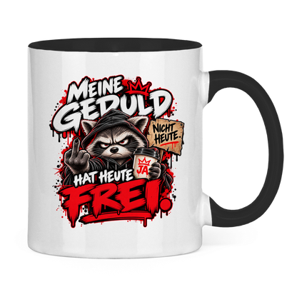 JA Meine Geduld hat heute frei – Tasse in Schwarz, Rückansicht, ebenfalls bedruckt