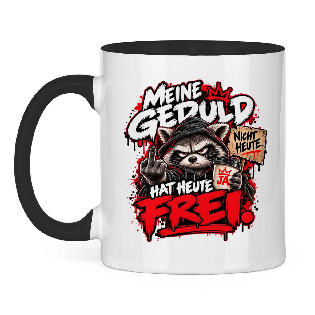 JA Meine Geduld hat heute frei – Tasse in Schwarz, Vorderansicht, Aufdruck: Waschbär mit Kaffee und Mittelfinger: „Meine Geduld hat heute frei!“