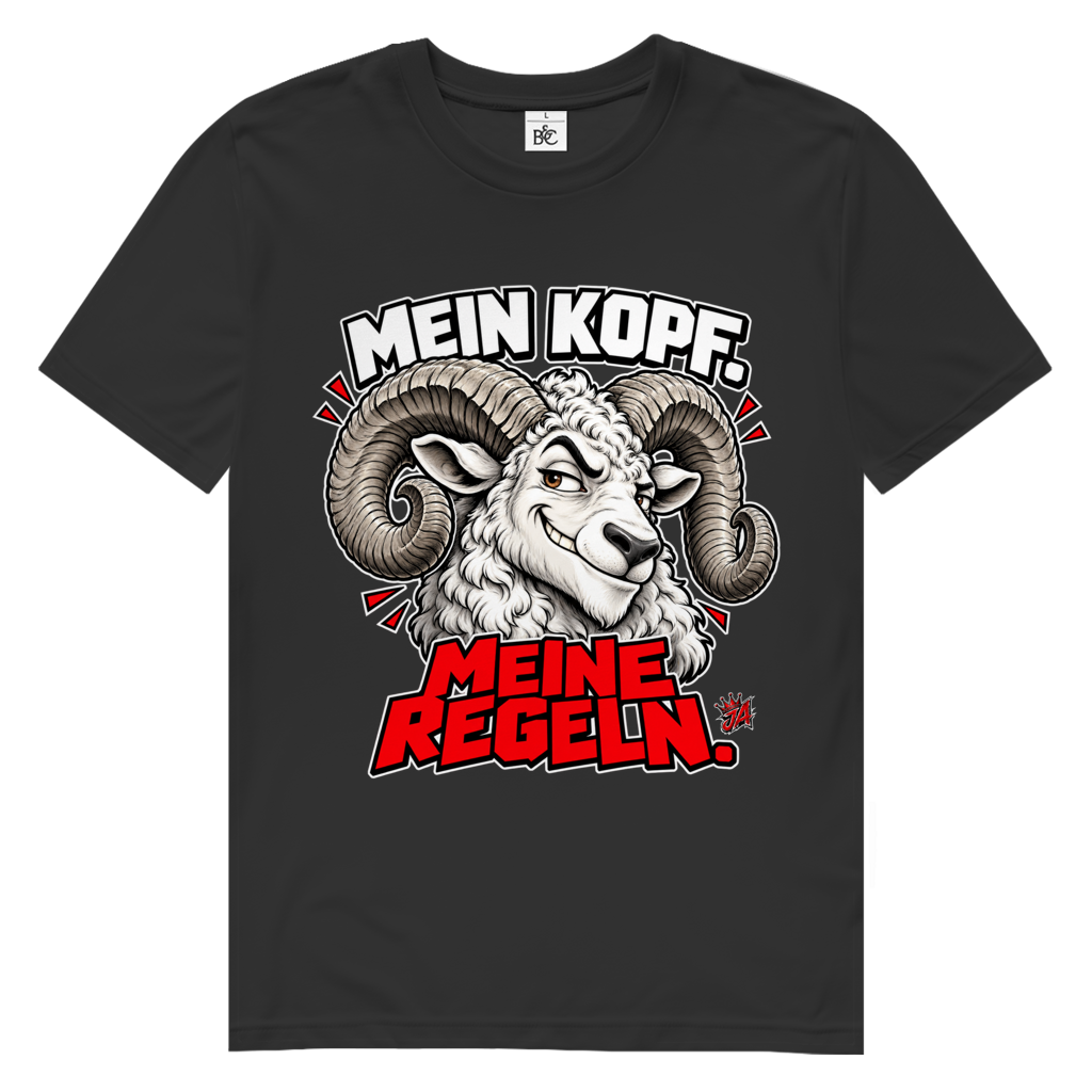 JA Mein Kopf, meine Regeln – Herren-Bio-T-Shirt in Schwarz, Vorderansicht, Frontdruck: Widder mit Spruch „Mein Kopf. Meine Regeln.“ in Schwarz und Rot
