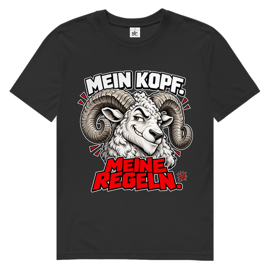 JA Mein Kopf, meine Regeln – Herren-Bio-T-Shirt in Schwarz, Vorderansicht, Frontdruck: Widder mit Spruch „Mein Kopf. Meine Regeln.“ in Schwarz und Rot