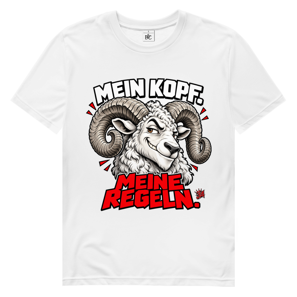 JA Mein Kopf, meine Regeln – Herren-Bio-T-Shirt in Weiß, Vorderansicht, Frontdruck: Widder mit Spruch „Mein Kopf. Meine Regeln.“ in Schwarz und Rot