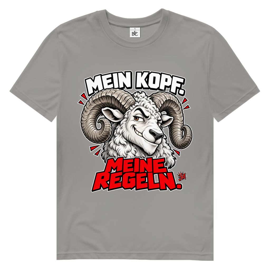 JA Mein Kopf, meine Regeln – Herren-Bio-T-Shirt in Hellgrau, Vorderansicht, Frontdruck: Widder mit Spruch „Mein Kopf. Meine Regeln.“ in Schwarz und Rot