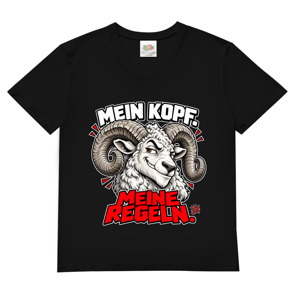 JA Mein Kopf, meine Regeln – Herren-V-Neck-Shirt in Schwarz, Vorderansicht, Frontdruck: Widder mit Spruch „Mein Kopf. Meine Regeln.“ in Schwarz und Rot