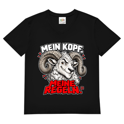 JA Mein Kopf, meine Regeln – Herren-V-Neck-Shirt in Schwarz, Vorderansicht, Frontdruck: Widder mit Spruch „Mein Kopf. Meine Regeln.“ in Schwarz und Rot