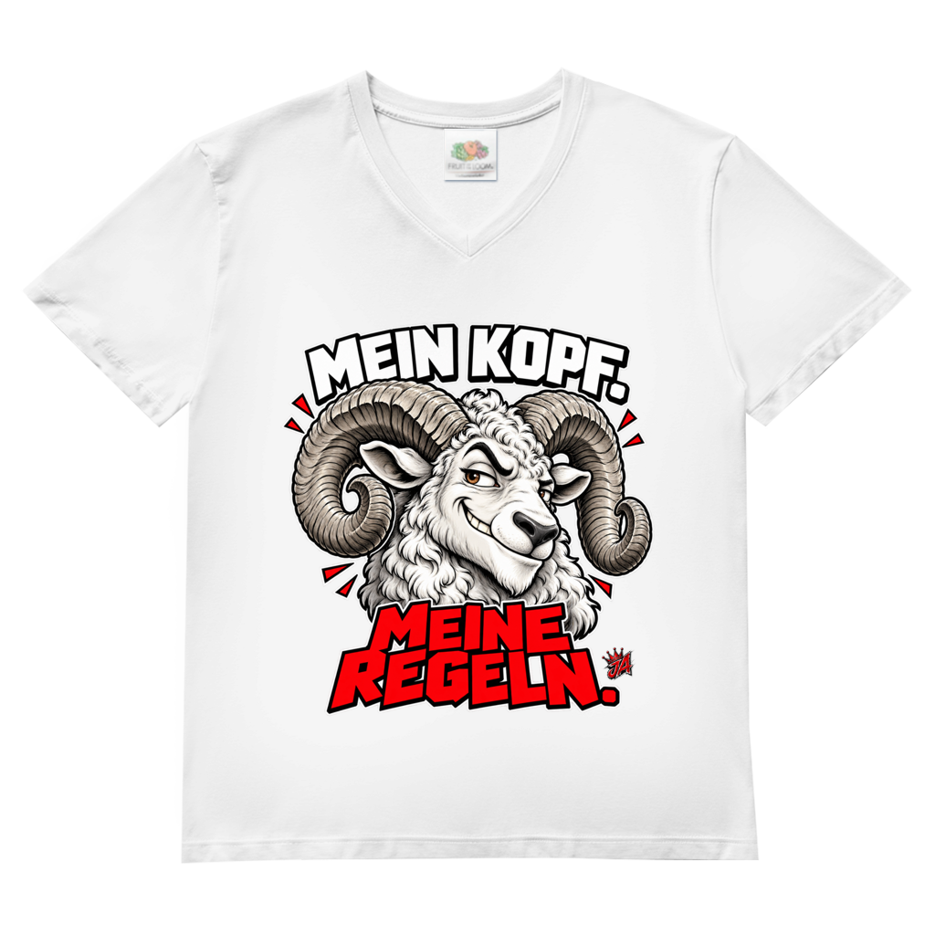 JA Mein Kopf, meine Regeln – Herren-V-Neck-Shirt in Weiß, Vorderansicht, Frontdruck: Widder mit Spruch „Mein Kopf. Meine Regeln.“ in Schwarz und Rot