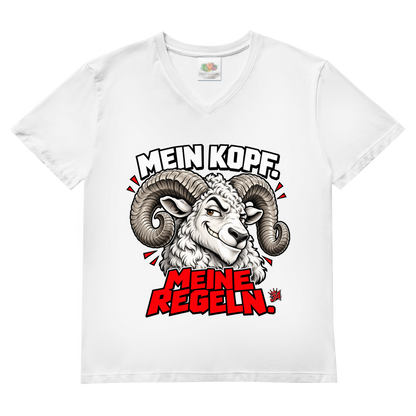JA Mein Kopf, meine Regeln – Herren-V-Neck-Shirt in Weiß, Vorderansicht, Frontdruck: Widder mit Spruch „Mein Kopf. Meine Regeln.“ in Schwarz und Rot