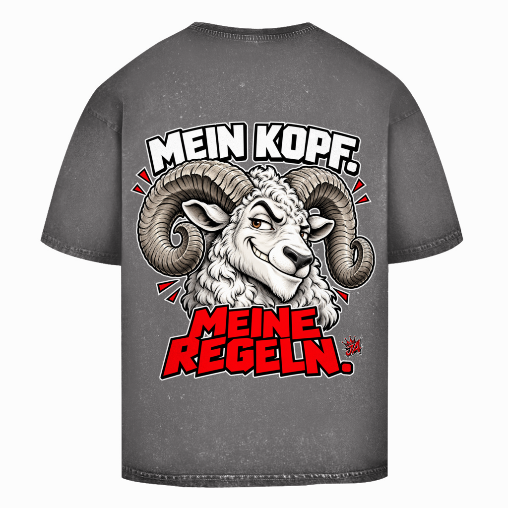JA Mein Kopf, meine Regeln – Oversize-Washed-Shirt in Asphaltgrau, Rückansicht, Rückendruck: Widder mit Spruch „Mein Kopf. Meine Regeln.“ in Schwarz und Rot
