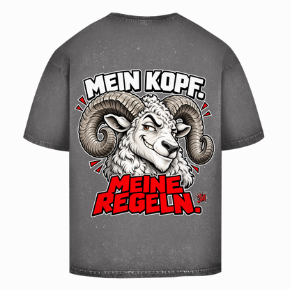 JA Mein Kopf, meine Regeln – Oversize-Washed-Shirt in Asphaltgrau, Rückansicht, Rückendruck: Widder mit Spruch „Mein Kopf. Meine Regeln.“ in Schwarz und Rot
