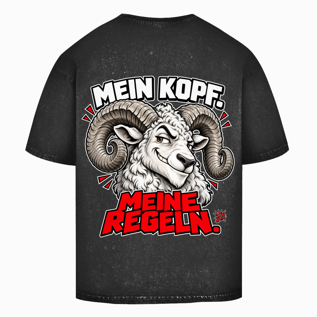 JA Mein Kopf, meine Regeln – Oversize-Washed-Shirt in Schwarz, Rückansicht, Rückendruck: Widder mit Spruch „Mein Kopf. Meine Regeln.“ in Schwarz und Rot