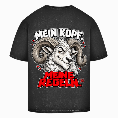 JA Mein Kopf, meine Regeln – Oversize-Washed-Shirt in Schwarz, Rückansicht, Rückendruck: Widder mit Spruch „Mein Kopf. Meine Regeln.“ in Schwarz und Rot