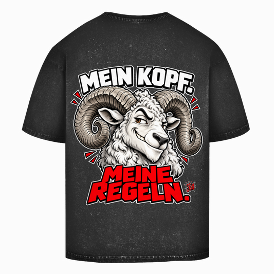 JA Mein Kopf, meine Regeln – Oversize-Washed-Shirt in Schwarz, Rückansicht, Rückendruck: Widder mit Spruch „Mein Kopf. Meine Regeln.“ in Schwarz und Rot