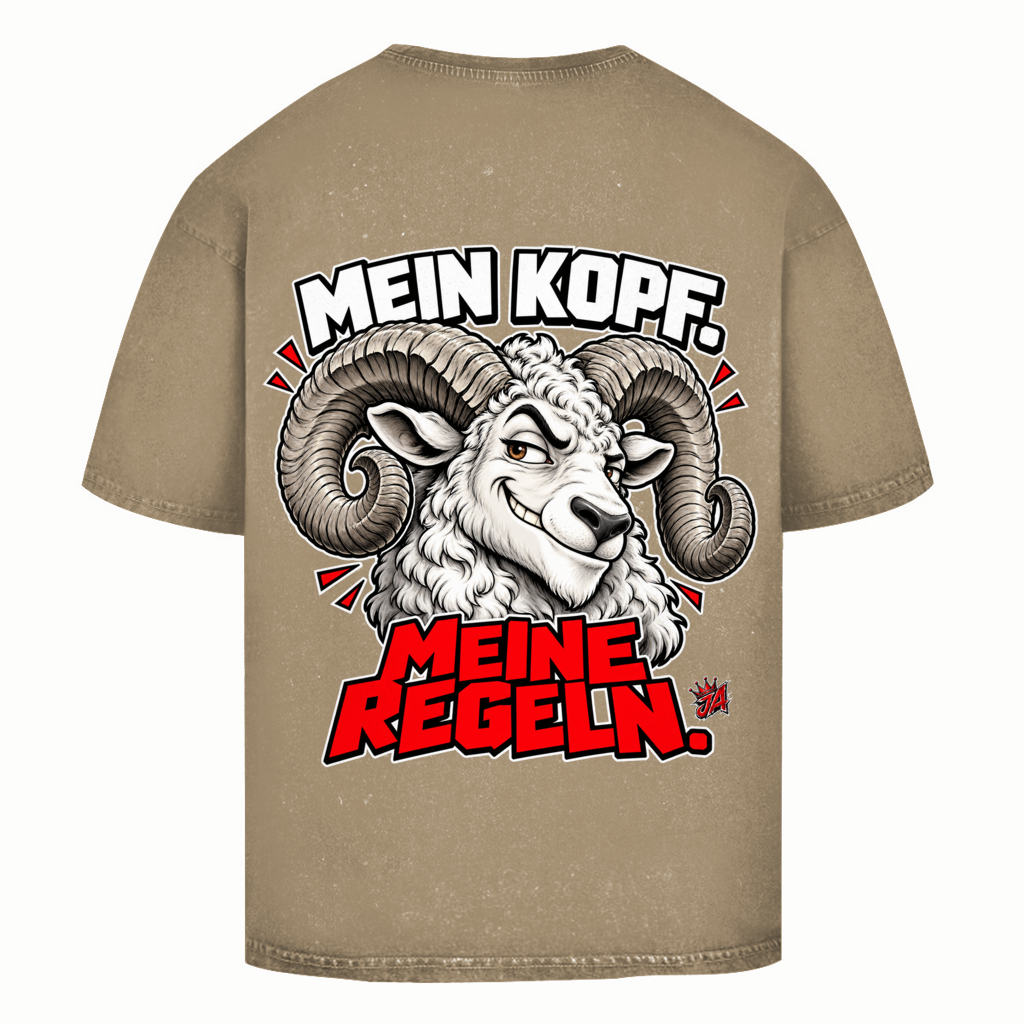 JA Mein Kopf, meine Regeln – Oversize-Washed-Shirt in Beige, Rückansicht, Rückendruck: Widder mit Spruch „Mein Kopf. Meine Regeln.“ in Schwarz und Rot