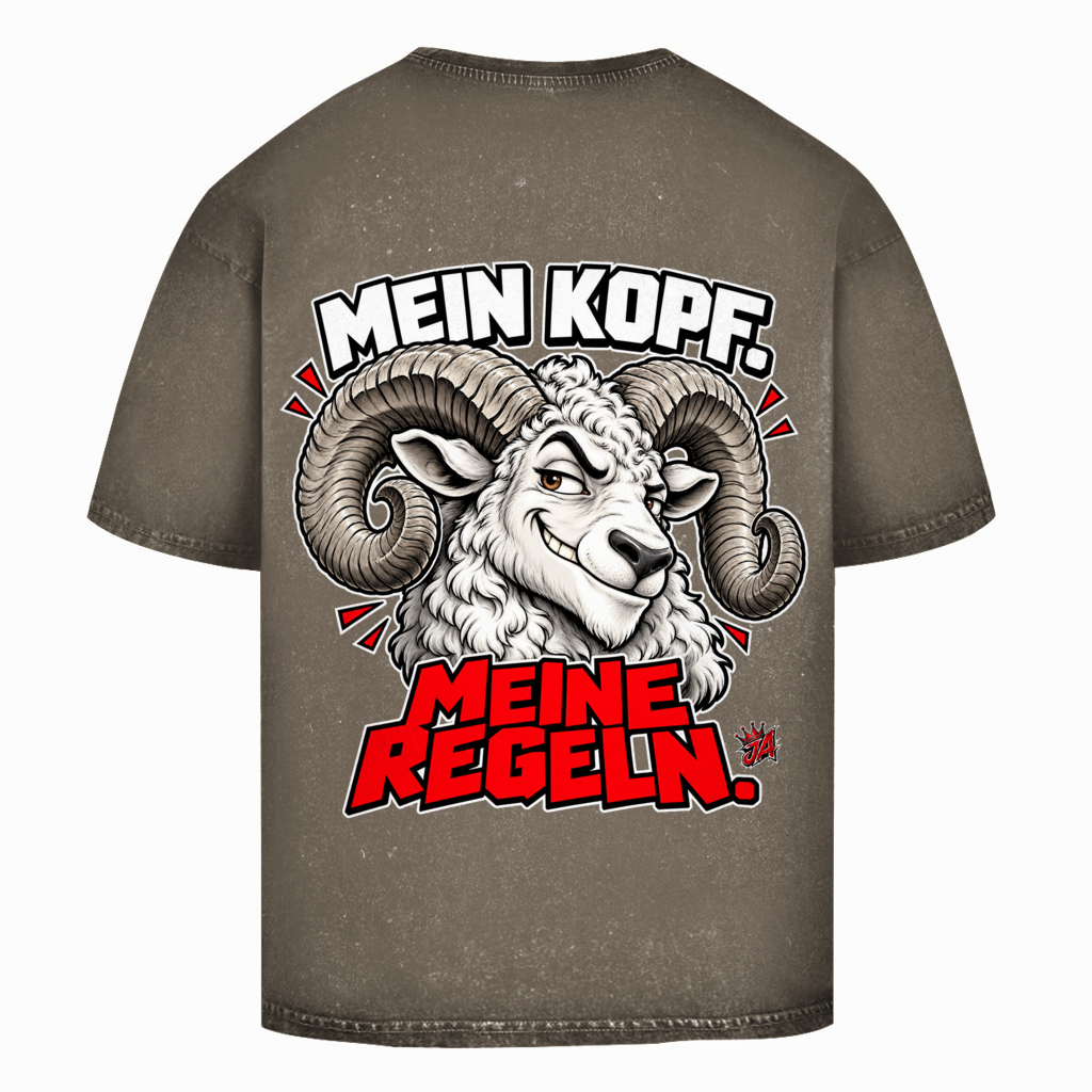 JA Mein Kopf, meine Regeln – Oversize-Washed-Shirt in Dunkelkhaki, Rückansicht, Rückendruck: Widder mit Spruch „Mein Kopf. Meine Regeln.“ in Schwarz und Rot