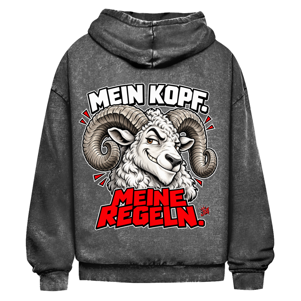 JA Mein Kopf, meine Regeln – Oversize-Washed-Hoodie in Schwarz, Rückansicht, Rückendruck: Widder mit Spruch „Mein Kopf. Meine Regeln.“ in Schwarz und Rot