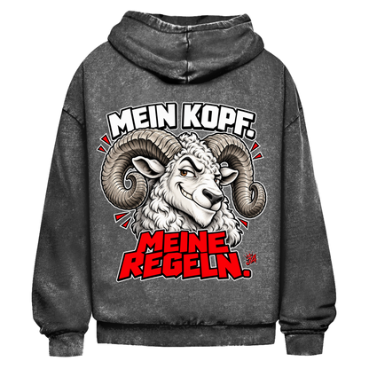 JA Mein Kopf, meine Regeln – Oversize-Washed-Hoodie in Schwarz, Rückansicht, Rückendruck: Widder mit Spruch „Mein Kopf. Meine Regeln.“ in Schwarz und Rot