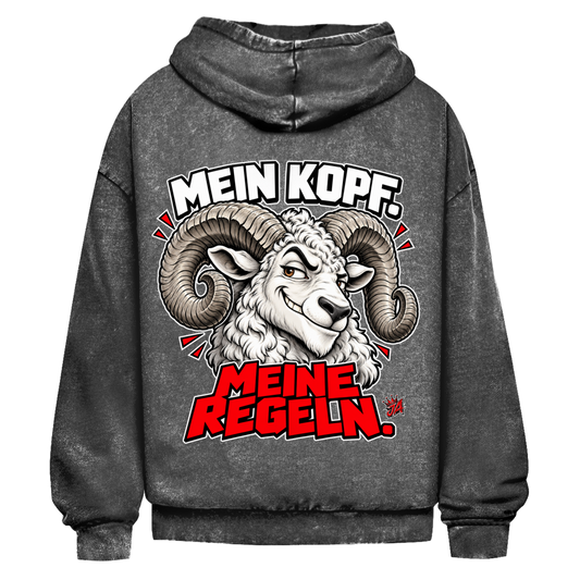 JA Mein Kopf, meine Regeln – Oversize-Washed-Hoodie in Schwarz, Rückansicht, Rückendruck: Widder mit Spruch „Mein Kopf. Meine Regeln.“ in Schwarz und Rot