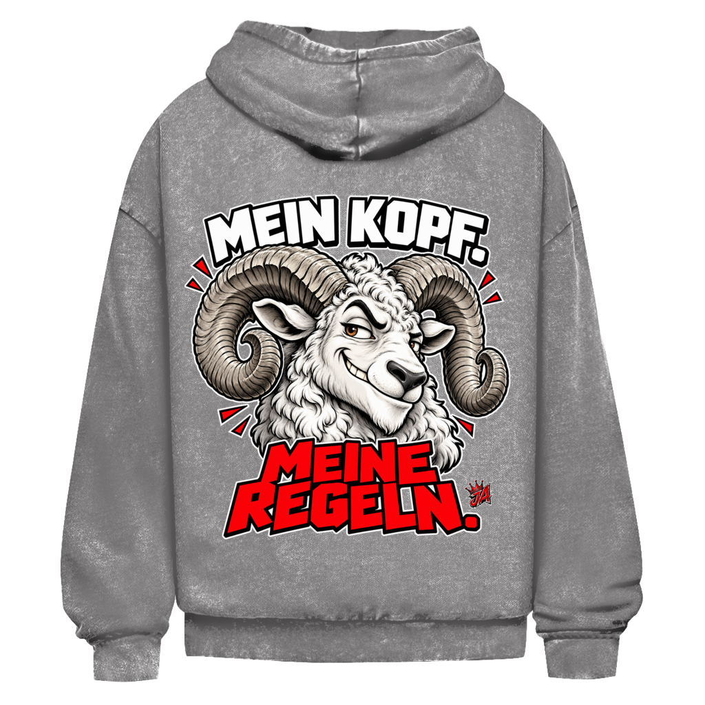 JA Mein Kopf, meine Regeln – Oversize-Washed-Hoodie in Asphaltgrau, Rückansicht, Rückendruck: Widder mit Spruch „Mein Kopf. Meine Regeln.“ in Schwarz und Rot