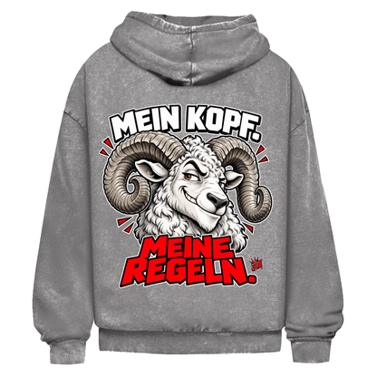 JA Mein Kopf, meine Regeln – Oversize-Washed-Hoodie in Asphaltgrau, Rückansicht, Rückendruck: Widder mit Spruch „Mein Kopf. Meine Regeln.“ in Schwarz und Rot