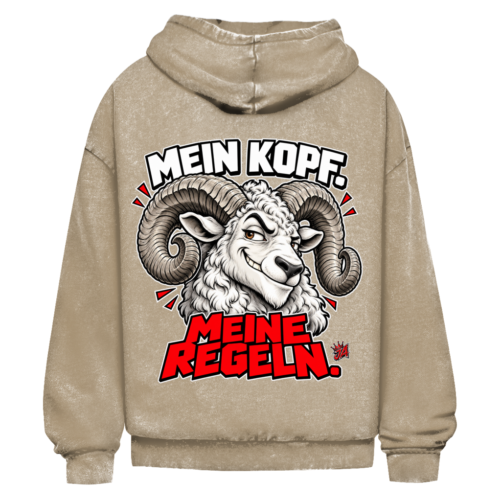 JA Mein Kopf, meine Regeln – Oversize-Washed-Hoodie in Beige, Rückansicht, Rückendruck: Widder mit Spruch „Mein Kopf. Meine Regeln.“ in Schwarz und Rot