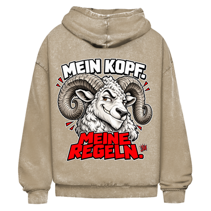 JA Mein Kopf, meine Regeln – Oversize-Washed-Hoodie in Beige, Rückansicht, Rückendruck: Widder mit Spruch „Mein Kopf. Meine Regeln.“ in Schwarz und Rot