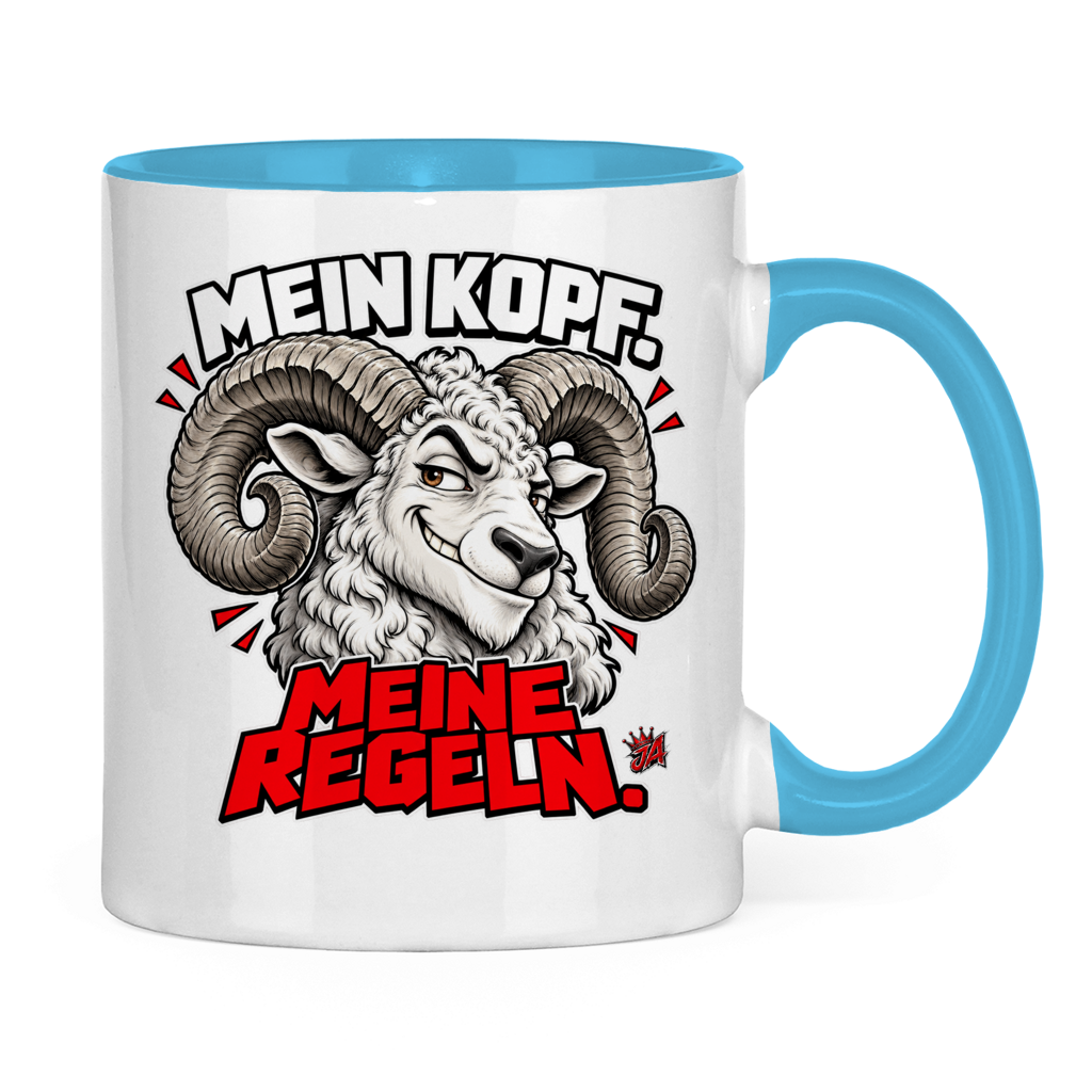 JA Mein Kopf, meine Regeln – Tasse in Hellblau, Rückansicht, ebenfalls bedruckt