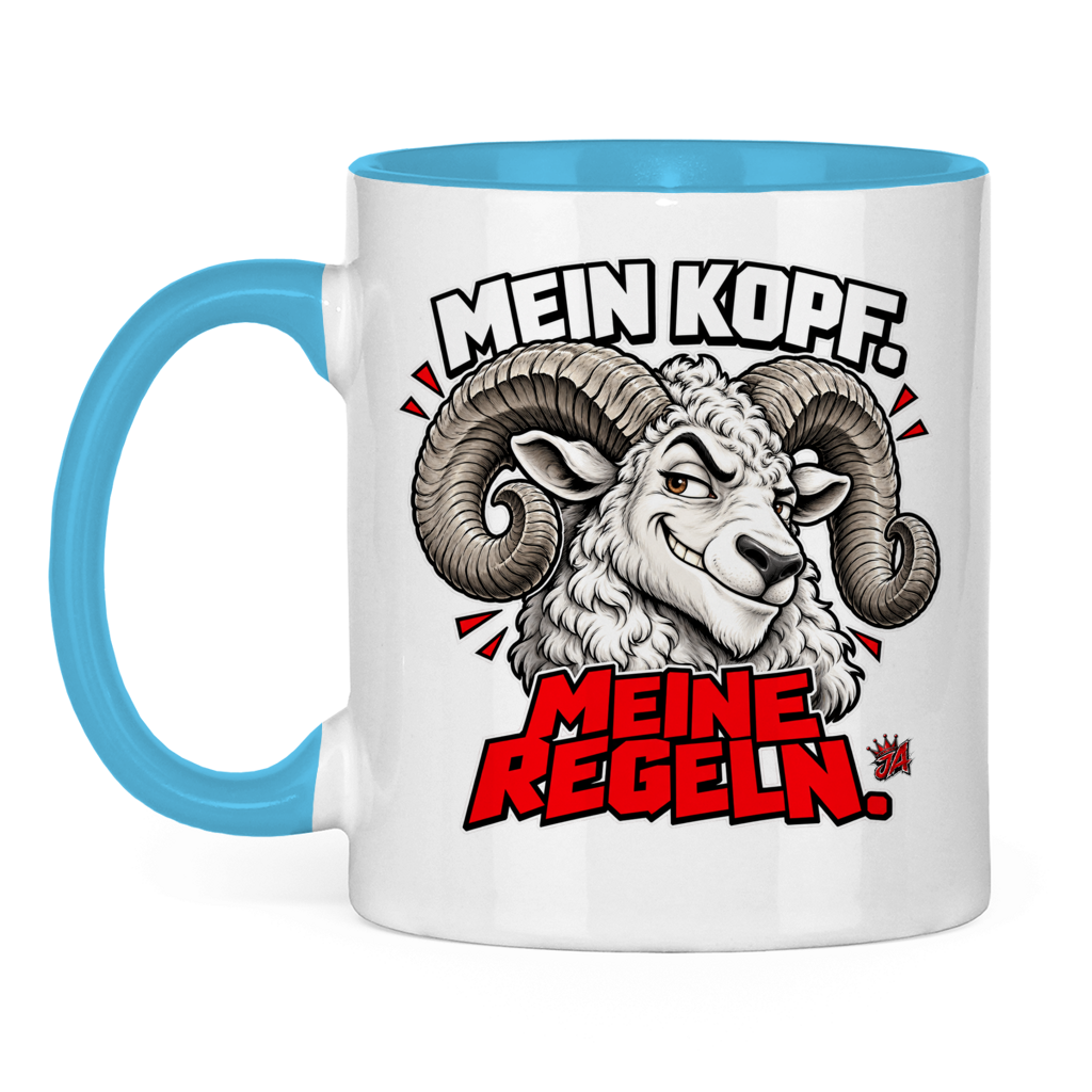 JA Mein Kopf, meine Regeln – Tasse in Hellblau, Vorderansicht, Aufdruck: Widder mit Spruch „Mein Kopf. Meine Regeln.“ in Schwarz und Rot