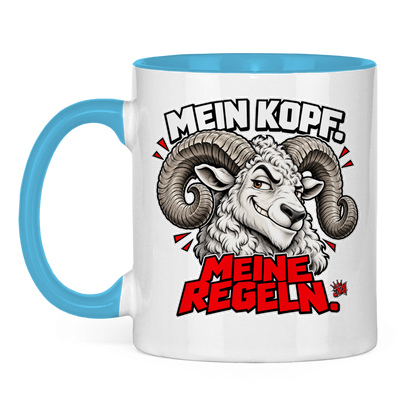 JA Mein Kopf, meine Regeln – Tasse in Hellblau, Vorderansicht, Aufdruck: Widder mit Spruch „Mein Kopf. Meine Regeln.“ in Schwarz und Rot