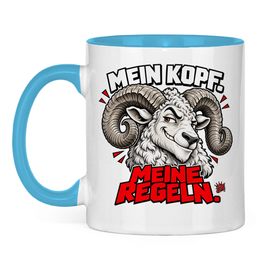 JA Mein Kopf, meine Regeln – Tasse in Hellblau, Vorderansicht, Aufdruck: Widder mit Spruch „Mein Kopf. Meine Regeln.“ in Schwarz und Rot