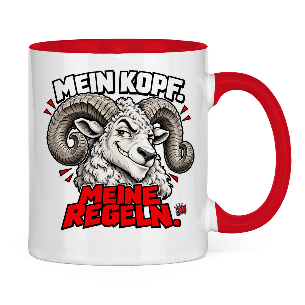 JA Mein Kopf, meine Regeln – Tasse in Rot, Rückansicht, ebenfalls bedruckt
