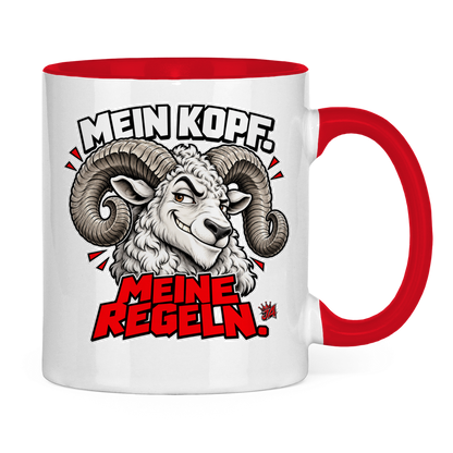 JA Mein Kopf, meine Regeln – Tasse in Rot, Rückansicht, ebenfalls bedruckt