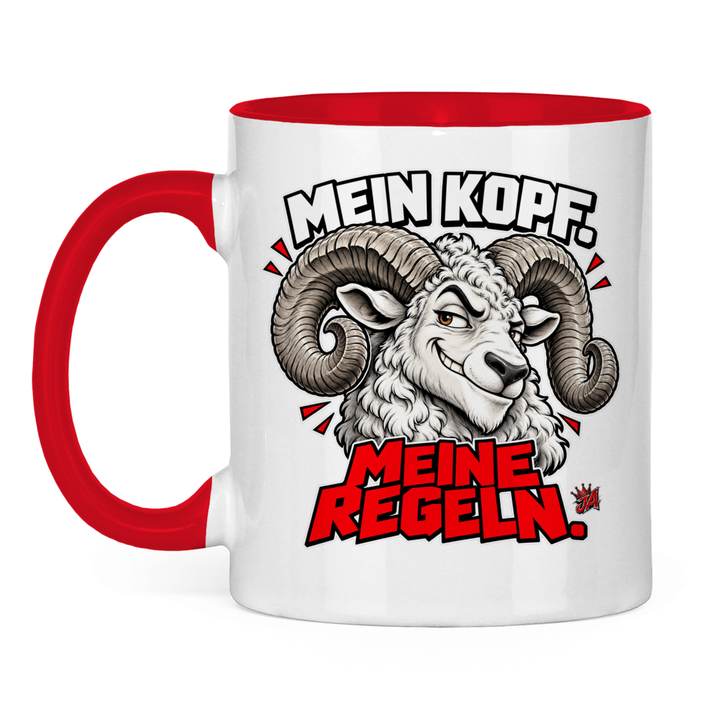 JA Mein Kopf, meine Regeln – Tasse in Rot, Vorderansicht, Aufdruck: Widder mit Spruch „Mein Kopf. Meine Regeln.“ in Schwarz und Rot