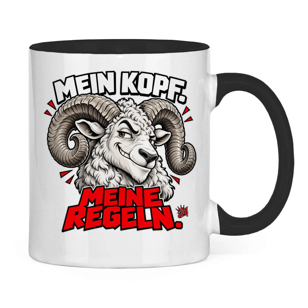 JA Mein Kopf, meine Regeln – Tasse in Schwarz, Rückansicht, ebenfalls bedruckt
